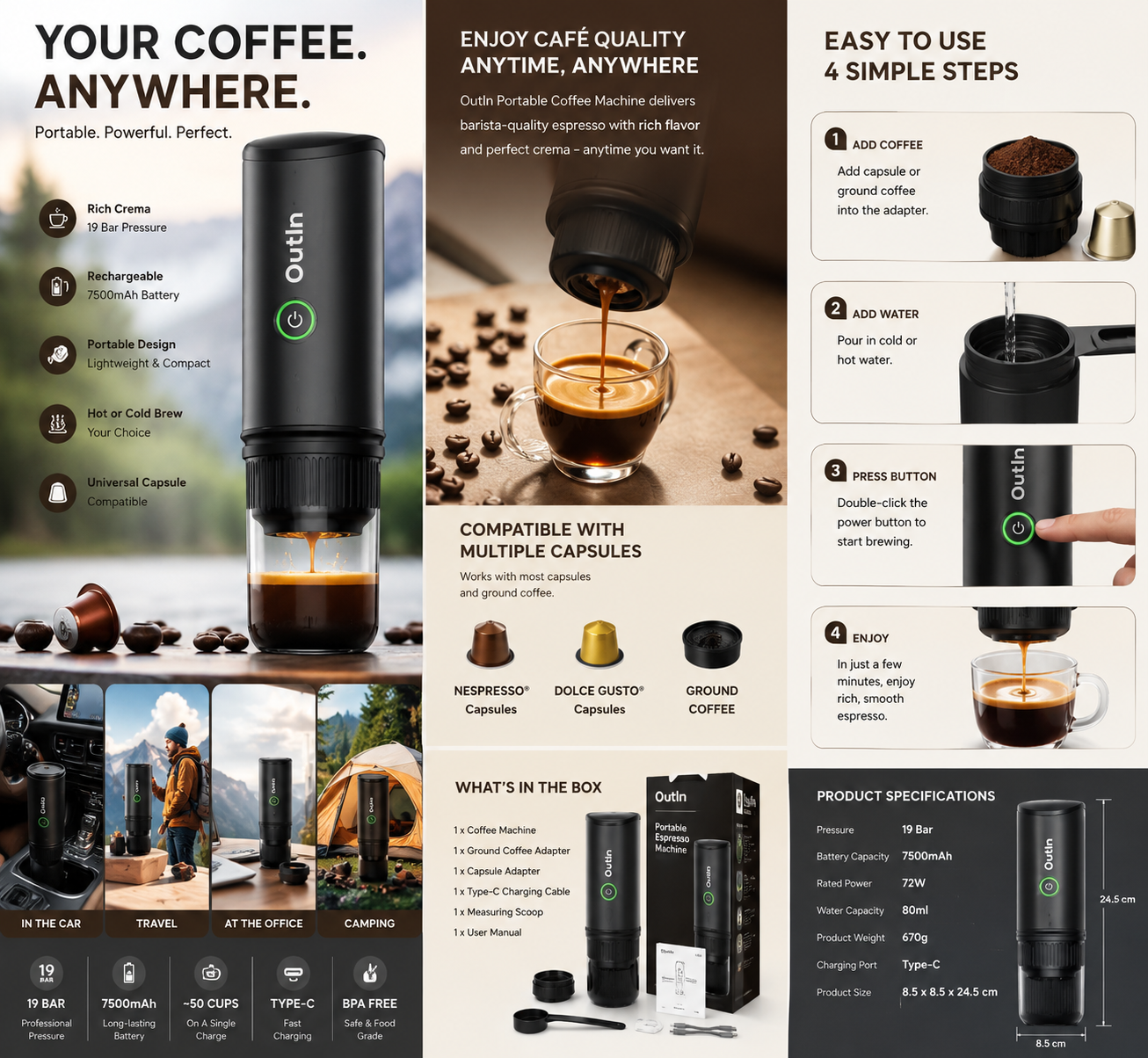 Best-selling Portable Convenient Home and Out Universal Electronic Rechargeable Capsule Coffee Maker